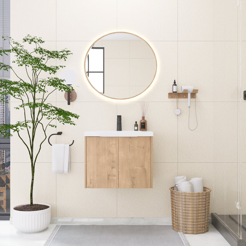 Meuble-lavabo flottant 24 po avec lavabo en résine imitation chêne, Imitation chêne, 24"