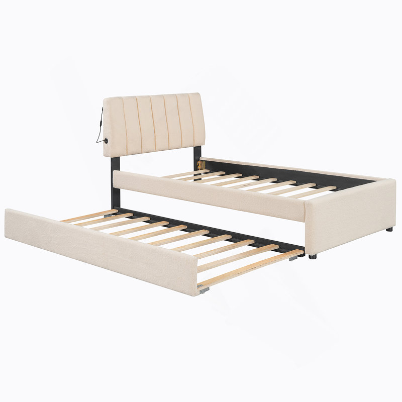 Lit plateforme tapissier simple avec lit gigogne Teddy, Beige, Twin