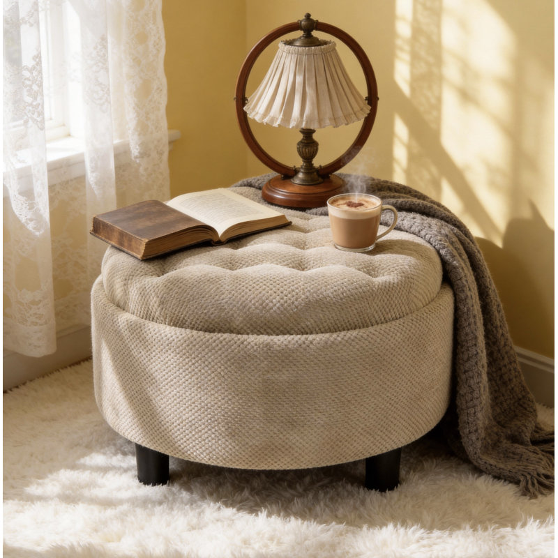 63.5cm Wide Round No Pattern Footstool Ottoman, Camel