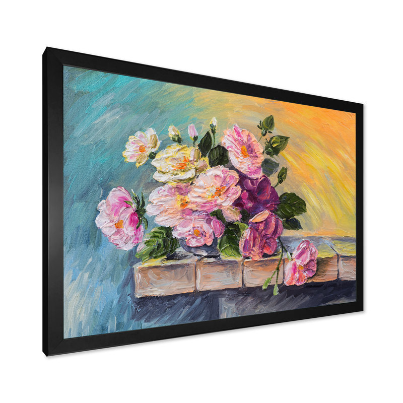 Nature morte aux fleurs roses - Peinture sur toile, Cadre noir, H 16 po x l 32 po x p 1 po