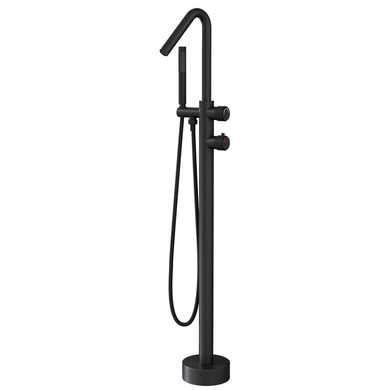 Outdoor Floor Mounted Tub Faucet With Thermostatic Control, 316 Stainless Steel, 360° Swivel Spout, Handheld Shower, Cupc Certified Supply Lines (Matte Black)