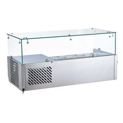 Refrigerated Countertop Prep Unit Condiment Station, 16 QT Capacity, ETL Certified, Ideal for Commercial Use in Salad Bars, 160W Power, Includes 1 x 1/3 & 4 x 1/6 Pans, Auto Defrost Function, Adjustable Temperature, Glass Sneeze Guard