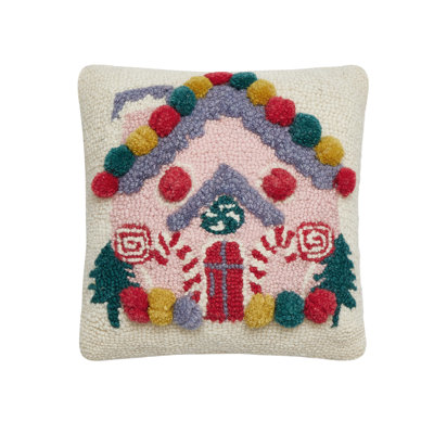 Pink House Petite Size Holiday Pillow with Pom Poms