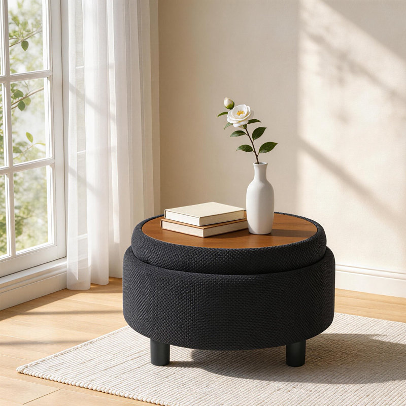 Table basse avec repose-pieds capitonné rond de 25 pouces avec rangement, table basse moderne avec rangement et couvercle amovible