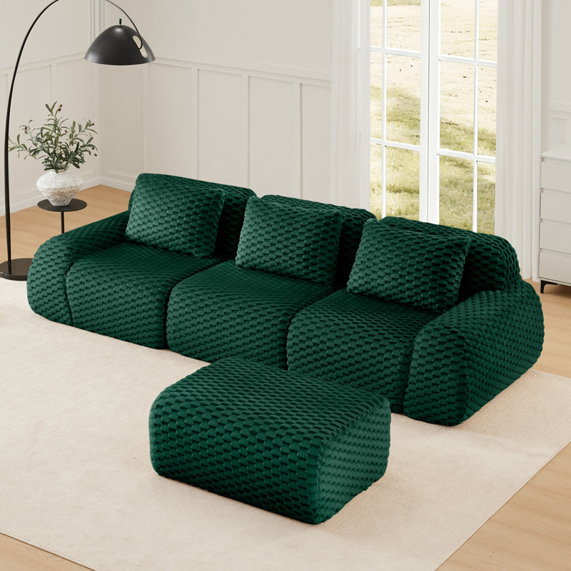 114" Modern L-Shaped Modular Sectional Sofa for Living Room,Flannelette Fabric,Oversized 3-Seater Couch,boneless sofa ,Movable Ottoman,Buckle connection,Anti-slip Design,No Assembly