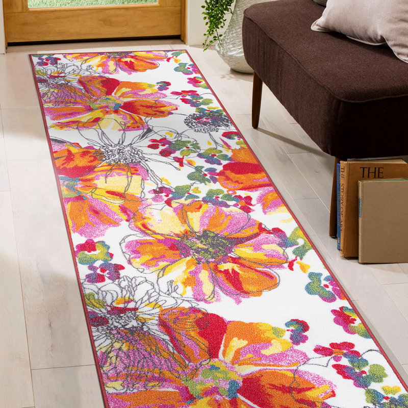 Florentia Floral Tufted Orange/Pink/Ivory Non-Slip Rubberback Area Rug, Runner 1'10" x 7'