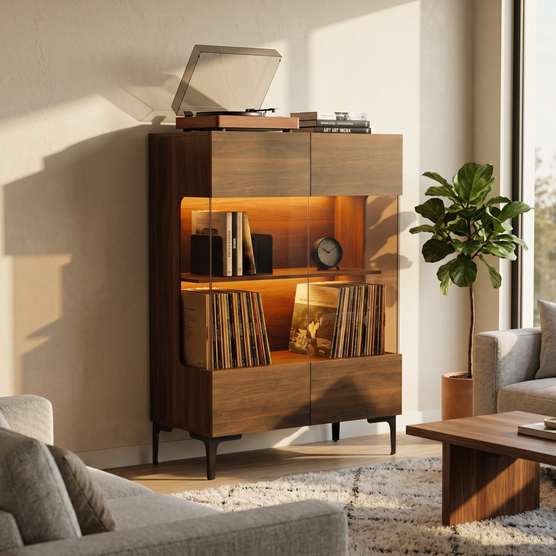 Cabinet audio avec lumière chaude - porte en verre trempé, 4 tablettes