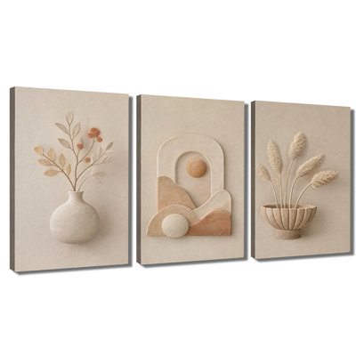 Canvas Wall Art Boho 3D Textured Dried Floral Vase Abstract Arch Mountain Neutral Wall Decor