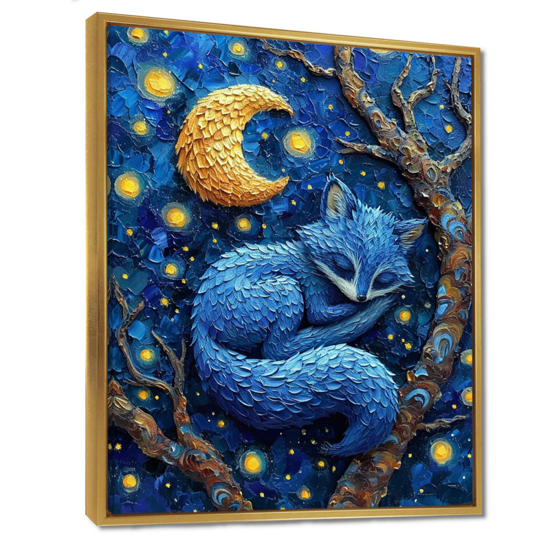 Mignon renard bleu dormant sous la pleine lune, Cadre flottant doré, H 20 po x l 12 po x P 1 po