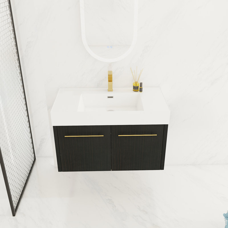 Unité de rangement de salle de bain - Meuble-lavabo 36 po avec lavabo en résine de style chic, châtaignier noir moderne, portes silencieuses