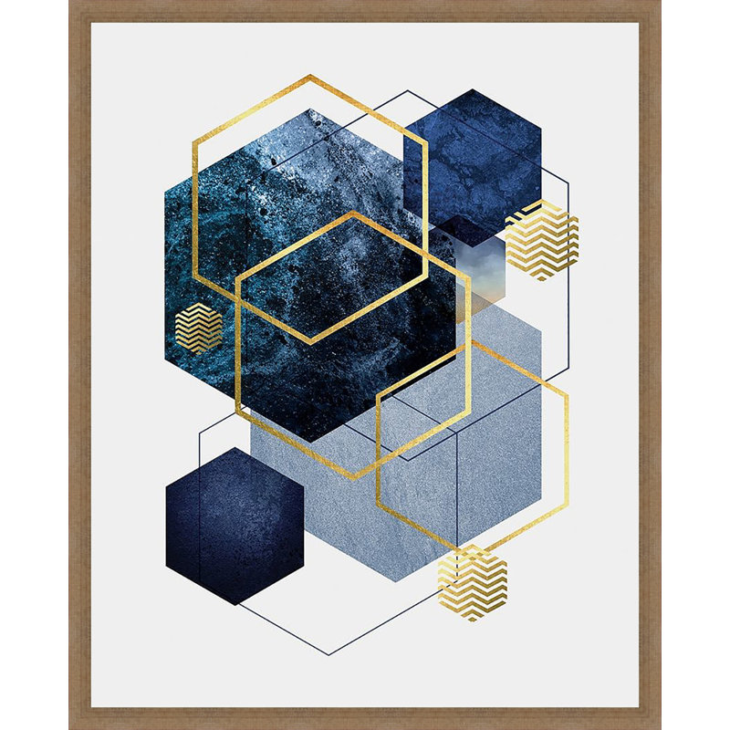 «Navy Gold Geo II», reproduction sur toile, Cadre en bois brun