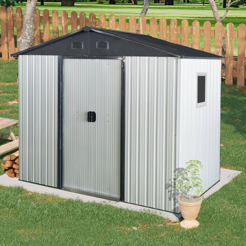 Metal Storage Shed, White/Black Incorrect, 74.75" H x 93" W x 51.75" D