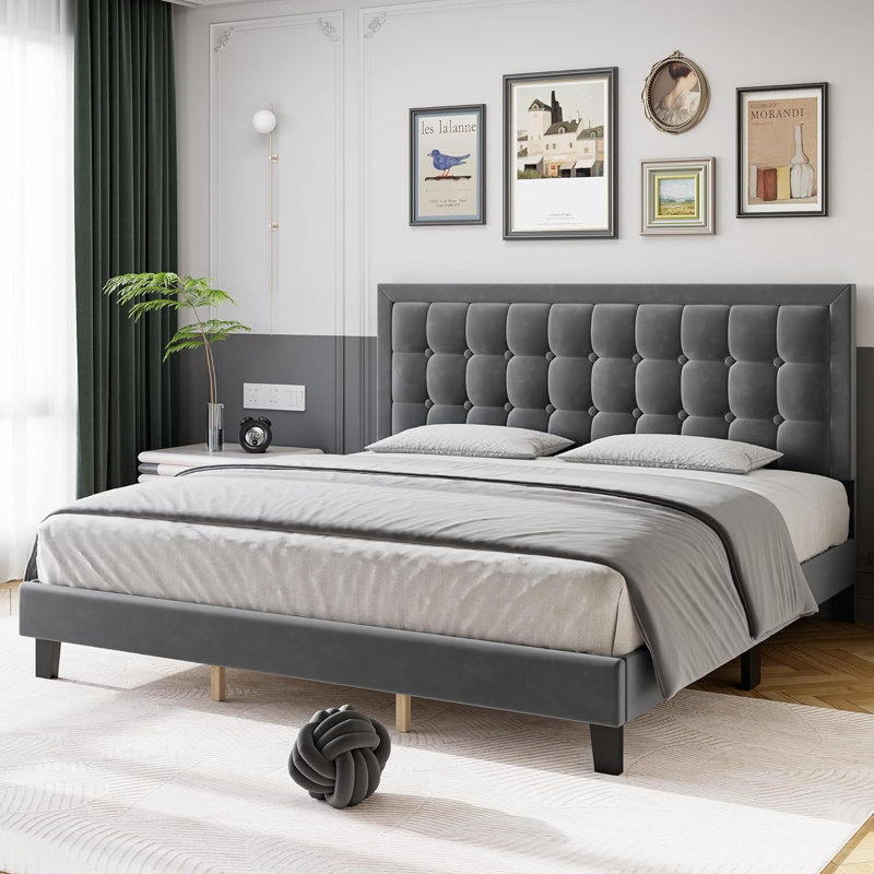 Lit plateforme tapissier Nourdane, Double, gris