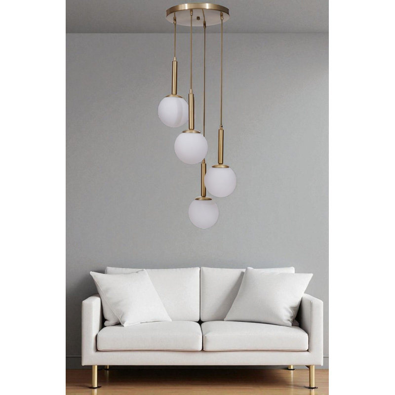 Lustre élégant en métal avec capuchon en verre, finition blanche et dorée, 11,8 po x 11,8 po x 31,5 po | Hauteur réglable | 4 x douilles E27 (40 W maximum) | pour la salle à manger, le salon ou le vestibule | Luminaire élégant