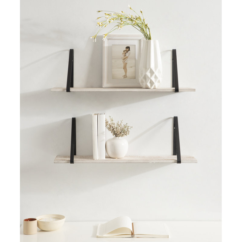 Tablette de support en sapin Mcmartin, Blanc délavé / noir, H 8,26 po x l 27,55 po x P 6,89 po