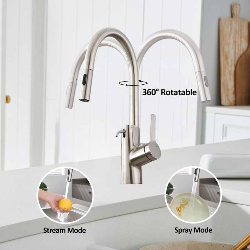 High Arc Faucet, Pull Down Sprayer Kitchen Faucet With Built-In Soap Dispenser Suitable For Kitchen, Laundry, Outdoor Or RV Sinks