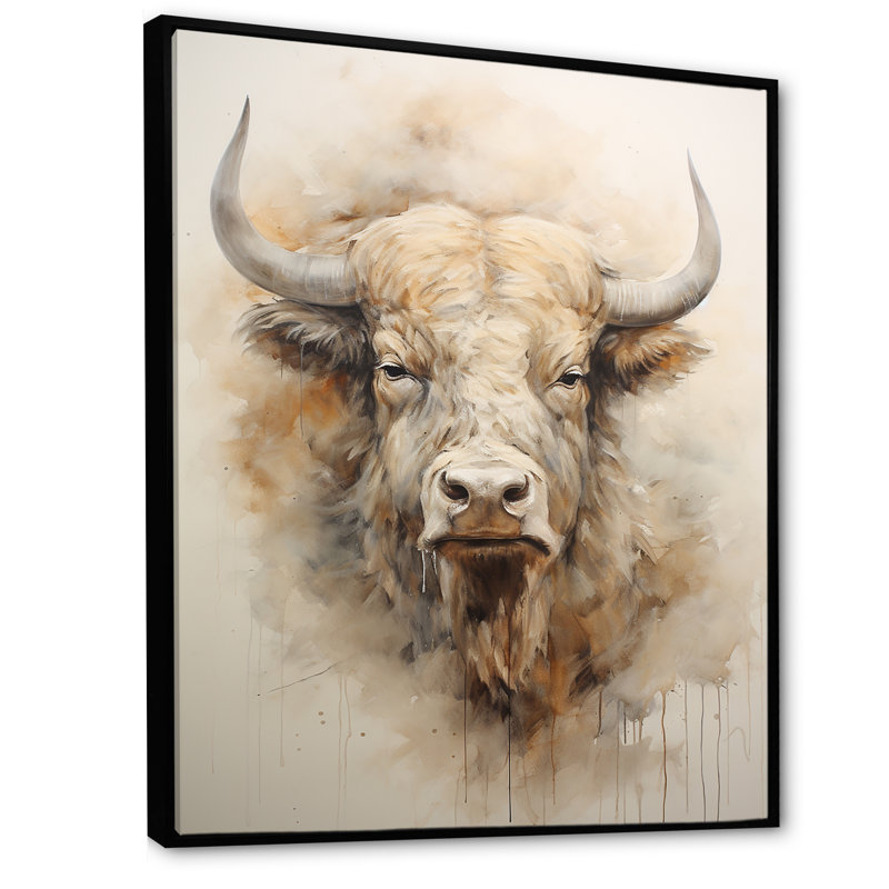 Tête de bison Buffalo sur toile, H 32 po x l 16 po, Cadre flottant noir