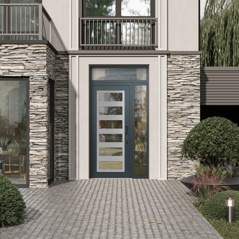 C9 à gauche 50 po X 96 po Panneau d'entrée en verre argenté anthracite et anthracite à panneau avec porte d'entrée pré-montée en verre Sidelite