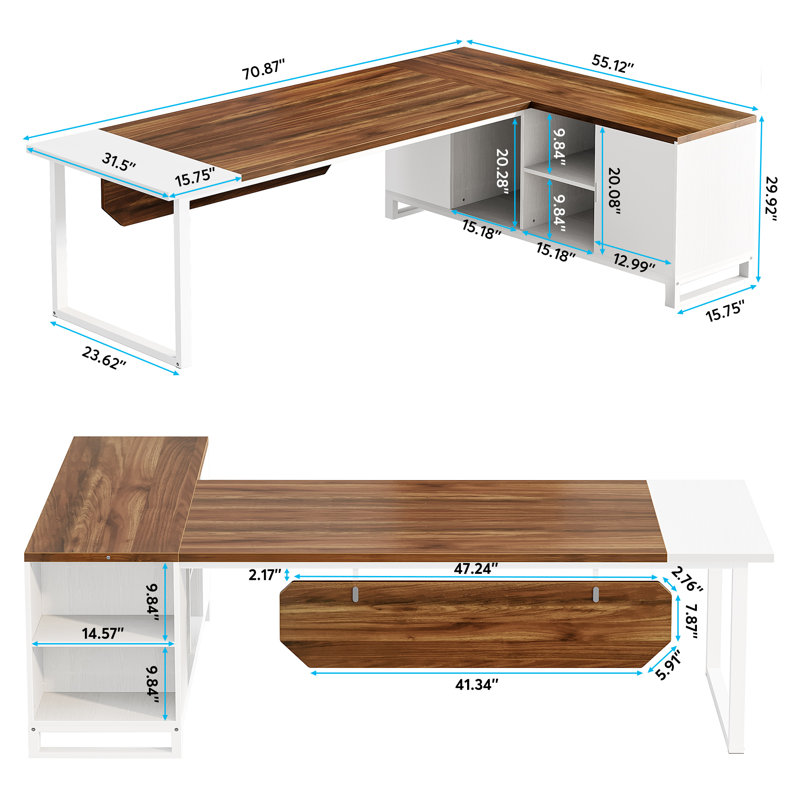 Bureau de direction 70,87 po et classeur, Brun / Blanc