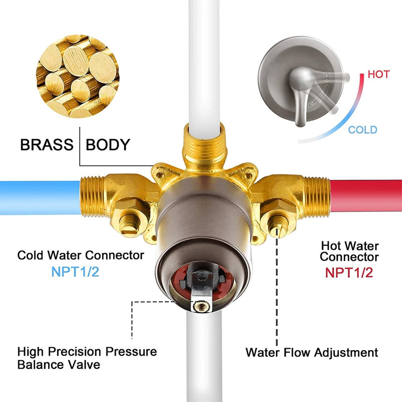 Pomme de douche à main pour salle de bain avec valve brute, Nickel brossé