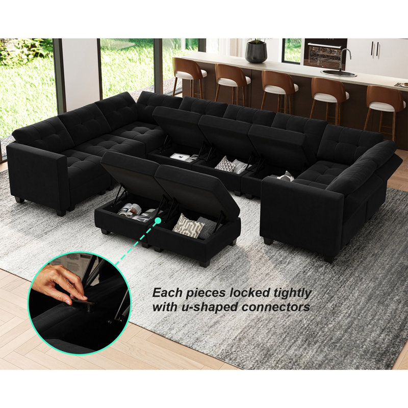 Buckleton 143'' W Large Upholstered Velvet Movable Modular U Shape Sofa with Storage, Black Velvet