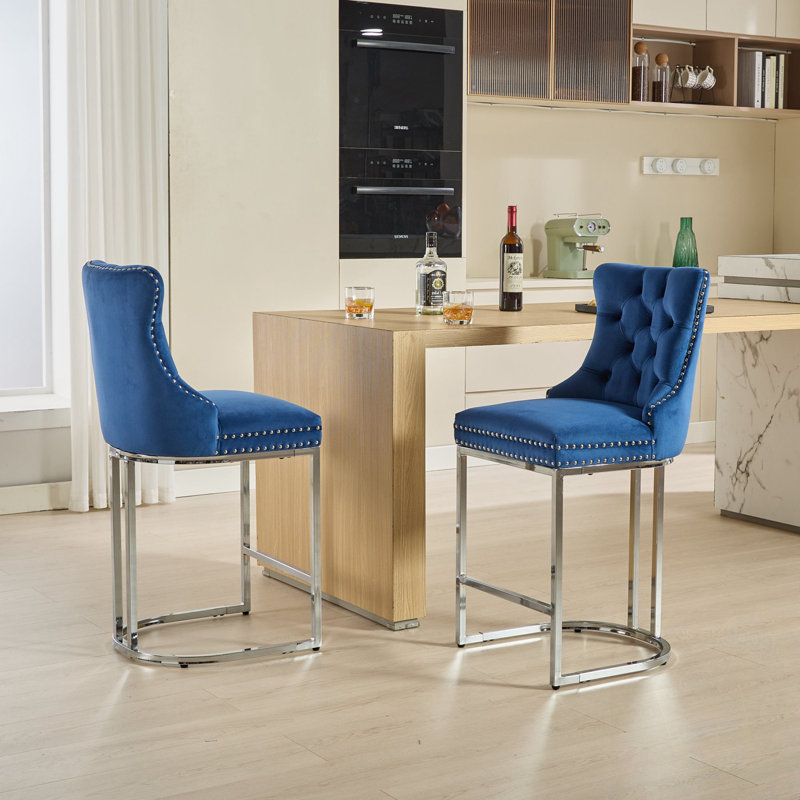 Ensemble de 2 tabourets de bar avec dossier et garniture de rivets, Bleu très foncé