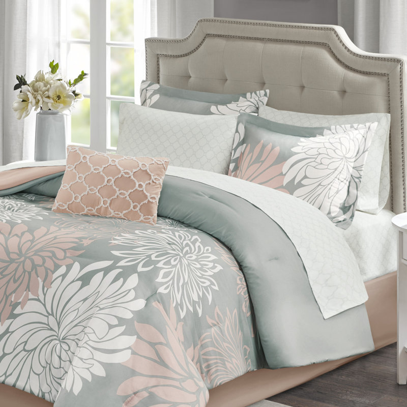 Maible Floral Comforter Set with Cotton Bed Sheets, Blush/Gray, Queen Comforter + 1 Bed Skirt + 2 Shams + 1 Oblong