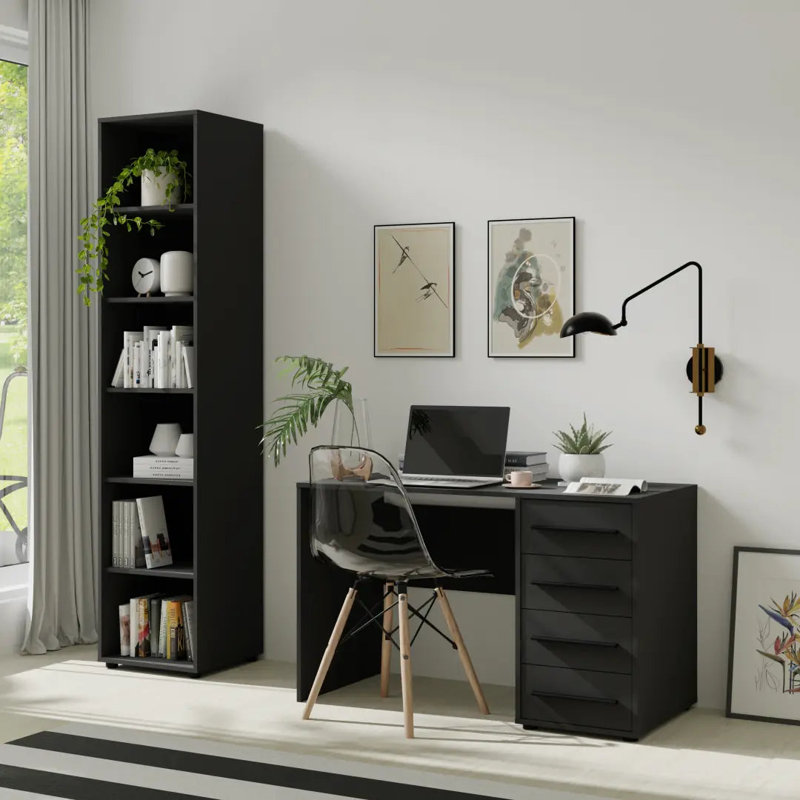 Sunde 08 Bookcase 45cm - Cashmere, Elegant Five-Shelf Tall Bookcase, Black