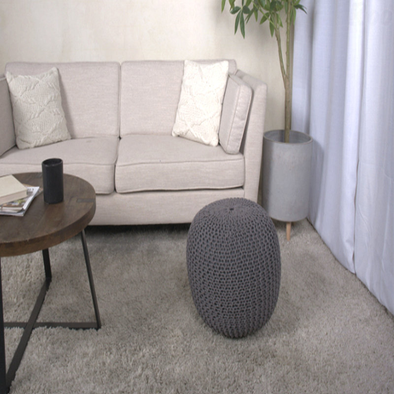 Cotton Upholstered Round Pouf Ottoman, Gray Cotton