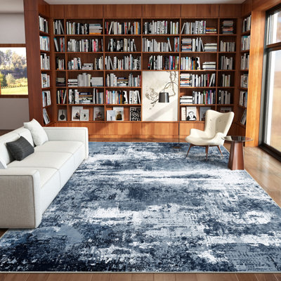 Machine-washable, foldable, soft short-pile printed rug Modern abstract oil painting design in deep blue Suitable for living rooms, bedrooms, studies, and hotels Indoor carpet