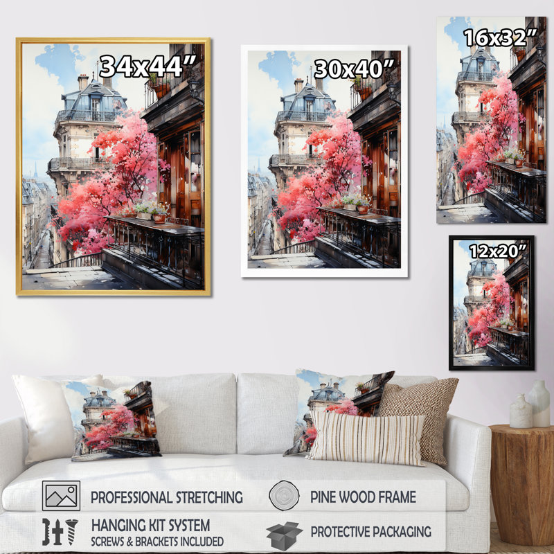 " Pink Paris Parisian Balconies I ", Black Picture Frame, 20" H x 12" W x 1" D