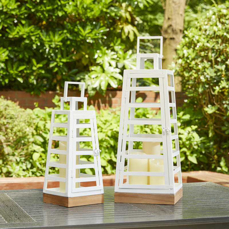 22.75''H Modern Tabletop Trapezoid Metal/Wood Lanterns, White