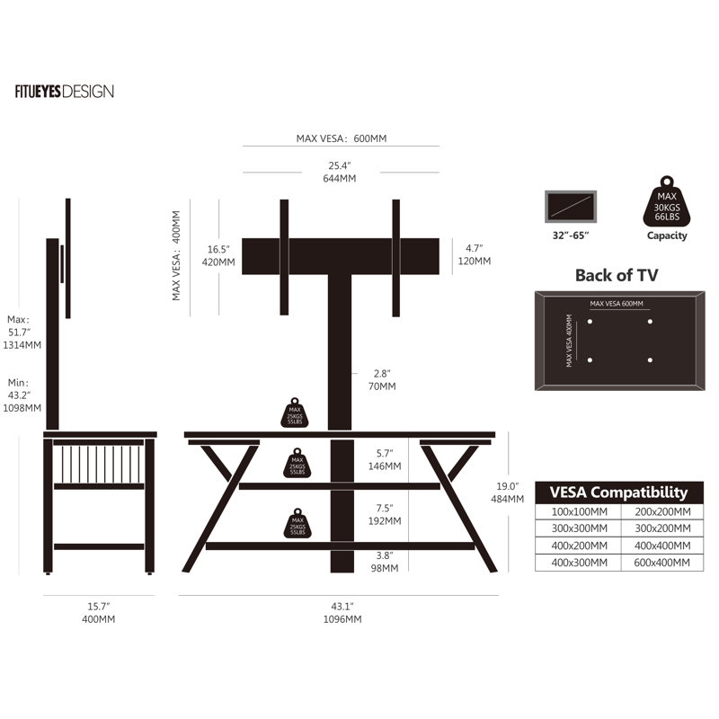 Tv Stand With Mount For 32-65 Inch Tvs Hold Up To 66Lbs, White