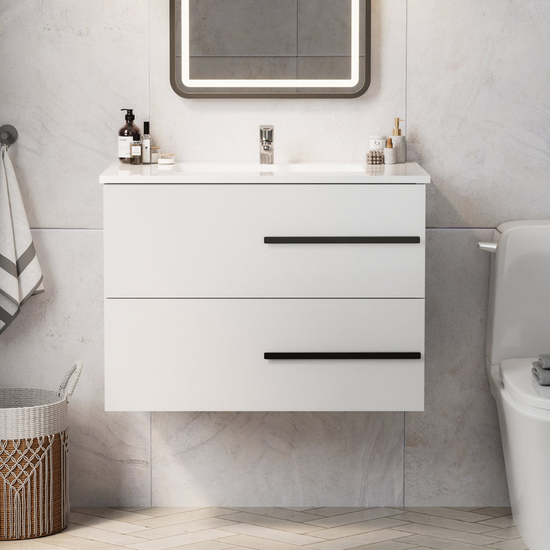 Meuble-lavabo mural 30 po avec 2 tiroirs cannelés, armoire de rangement murale moderne avec poignées en métal noir, blanc