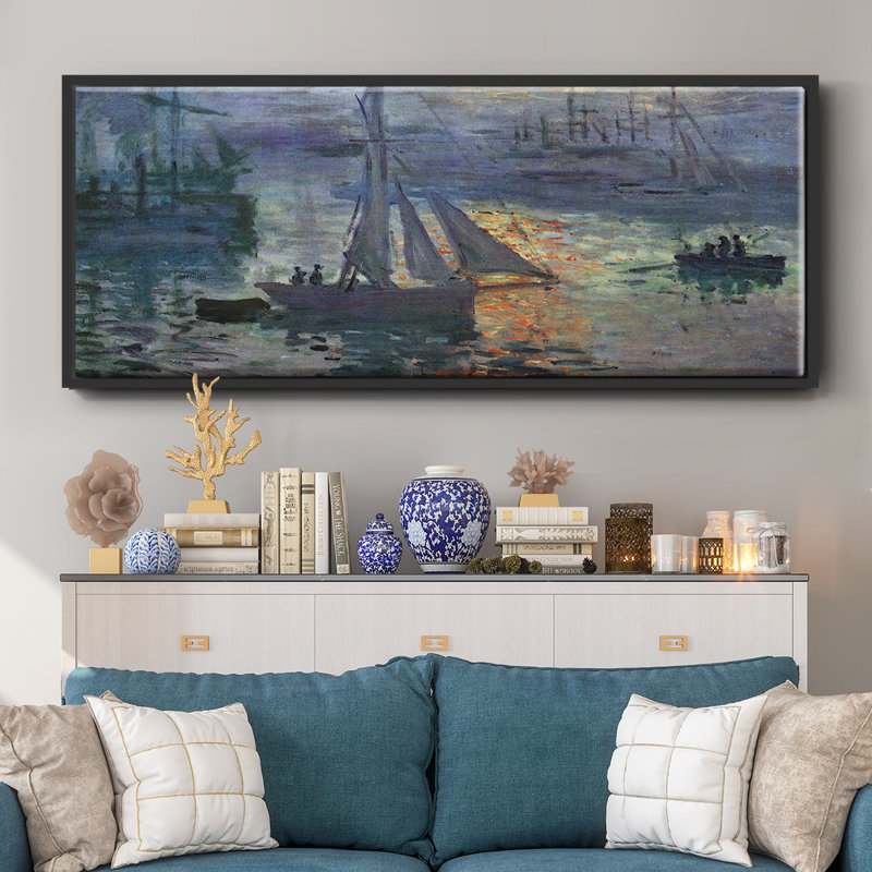 Sunrise at Sea by Monet- Framed Canvas, 20" H x 50" W