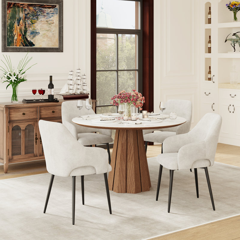 Modern Fabric Upholstered Dining ArmChair with Metal Legs, Ergonomic Back, Beige