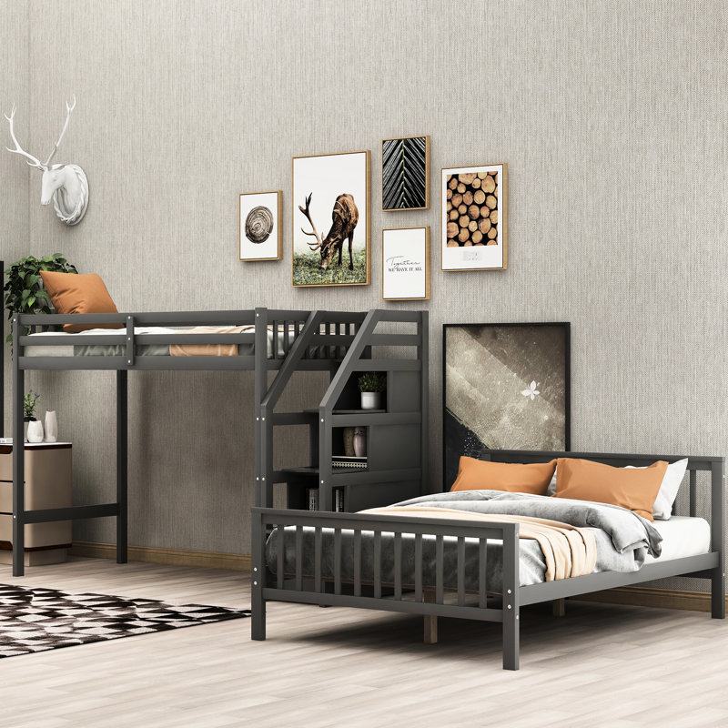 Loft Bed In Gray With Build, Long-Lasting Performance Twin Over Full Bunk Bed, Construction, Gray