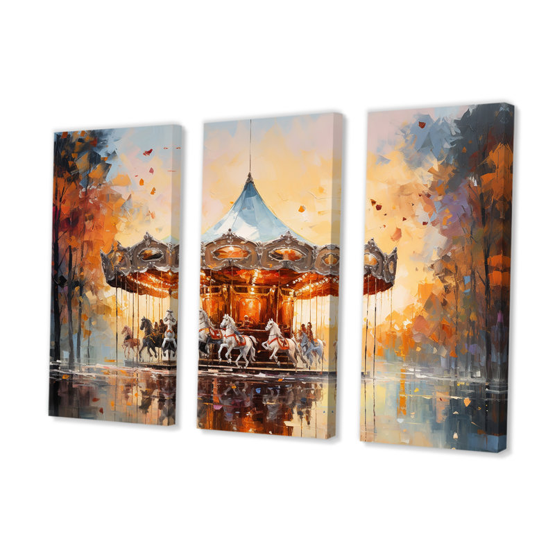 Carousel In Sunset Charm - ensemble d'art sur toile Carousel, H 32 po x l 48 po