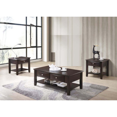 Classic Wooden 3pc Occasional Table Set with Drawers and Open Shelves for Living Room, Coffee and End Tables