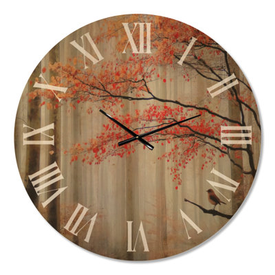 Large Woodland Round Wood Wall Clock – Autumn Forest Morning Dew in Quebec