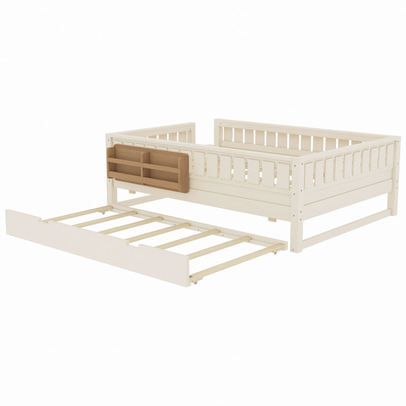 Lit avec tablettes intégrées et petit escalier, rails de sécurité de haute qualité et lit gigogne, Lit double, Beige
