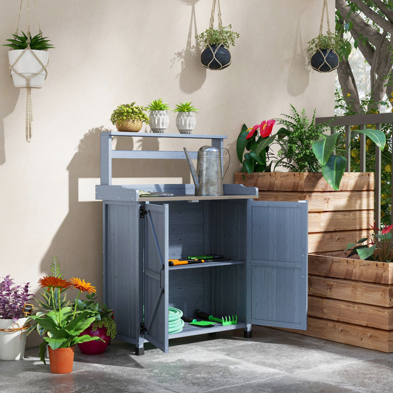 Banc de rempotage gris avec rangement, surface en acier galvanisé, pour plan de travail extérieur, en bois, stable
