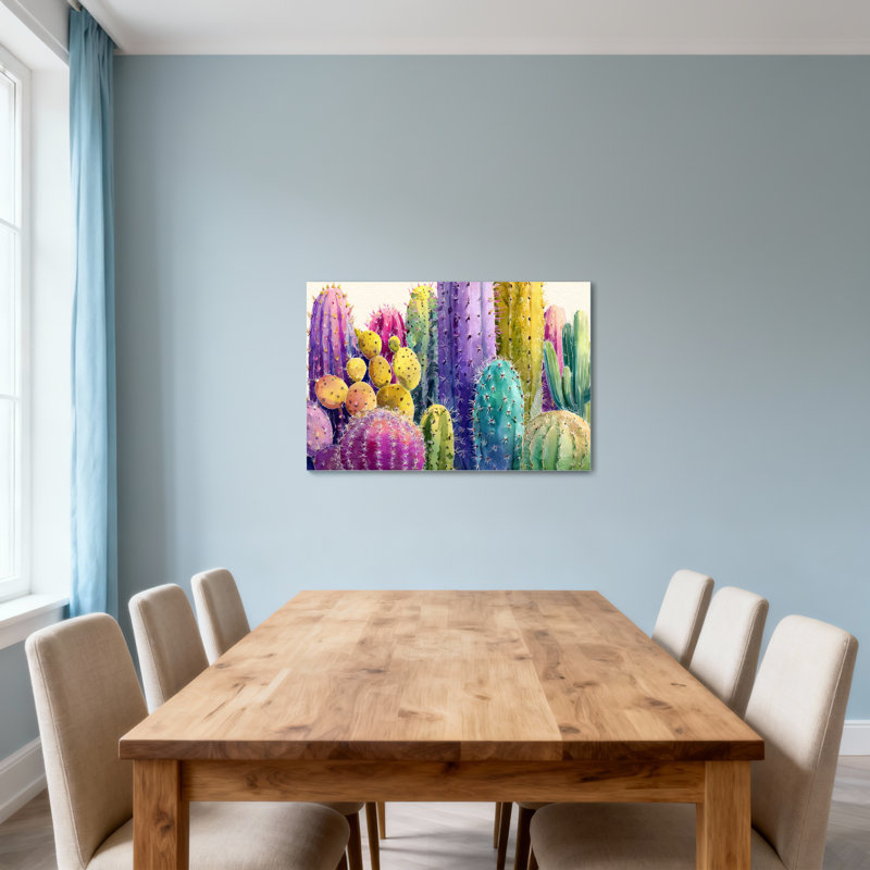 Plantes et fleurs, motif de cactus colorés, H 28 po x l 40 po