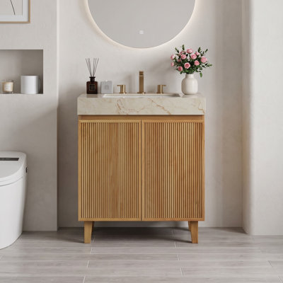Meuble-lavabo sur pied moderne cannelé de 76 cm avec lavabo, caisson en contreplaqué multicouche, comptoir en pierre frittée couleur crème et or, couleur bois naturel