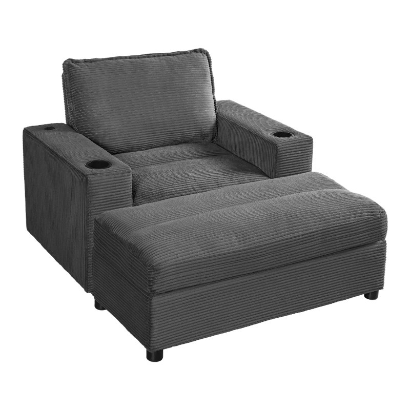 42.8" Oversized Chaise Lounge Chair With Storage Ottoman, Corduroy Sofa Bed With Cup Holders & USB Charging Port,, Gray