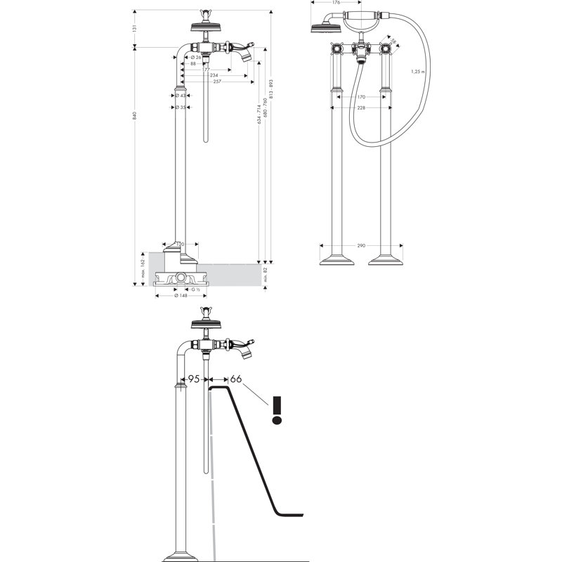 AXOR Montreux Double Handle Floor Mounted Clawfoot Tub Faucet Trim with Handshower, Brass