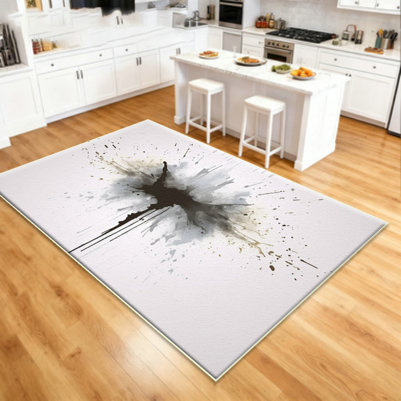 Modern washable living room and bedroom area carpet - large abstract black and white carpet, anti slip thin home decoration, warped