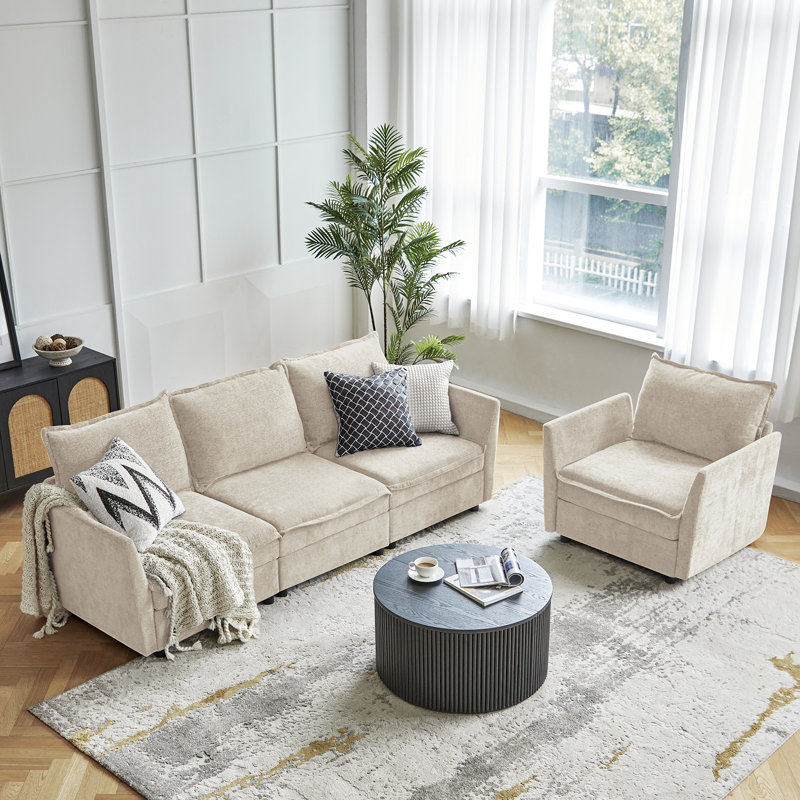 Talani Modern 4 Seater Slipcovered Corner Sofa with Hidden Storage, Beige
