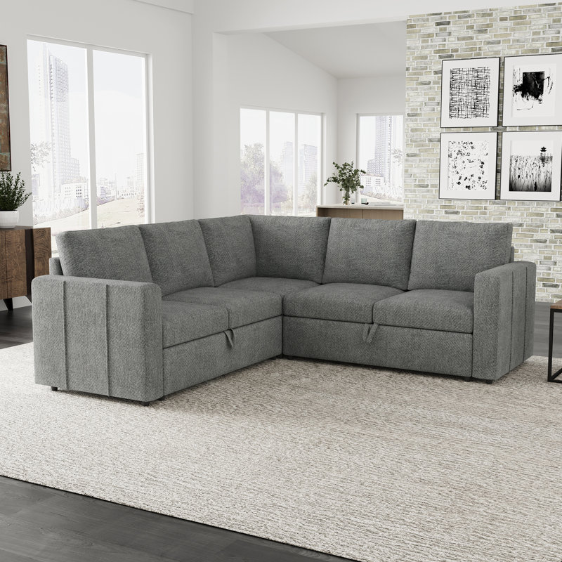 Aubade Storage L-Shaped Modular Sofa Set With Pull-Out Sofa Bed, Light Gray Chenille