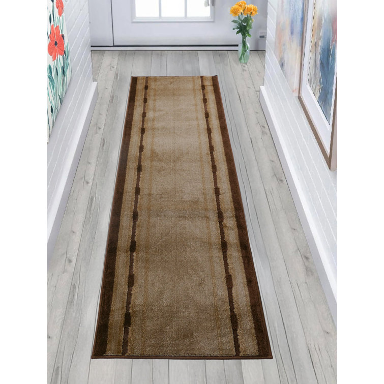 Antibacterial Soft Pile Anti Slip Indoor Runner Rug Dot Bordered Beige Design for Hallway Stairway